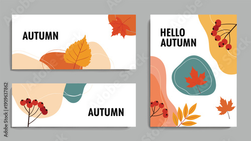 Collection of elegant autumn themed banners and cards decorated with falling leaves, berries, and modern abstract shapes.