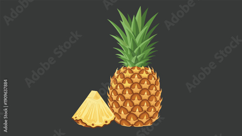 Vibrant tropical pineapple fruit illustration shown as a whole fruit and a juicy triangular slice on a dark grey background.