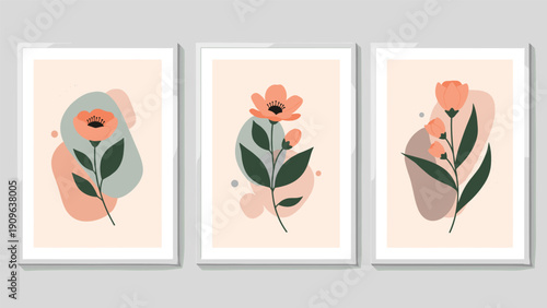 Set of three minimalist vertical art prints featuring stylized flowers and leaves on abstract colorful backgrounds in frames.