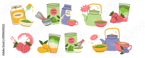 Matcha tea latte and green powder elements set for food background, stickers. Green matcha tea compositions with berry, milk, honey. Vector illustration isolated.
