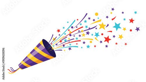 Festive party popper shooting out a burst of colorful stars and confetti streamers for a celebration on a white background.