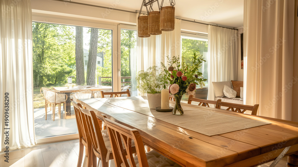 Fototapeta premium Luxury wooden dining room interior with table and chairs
