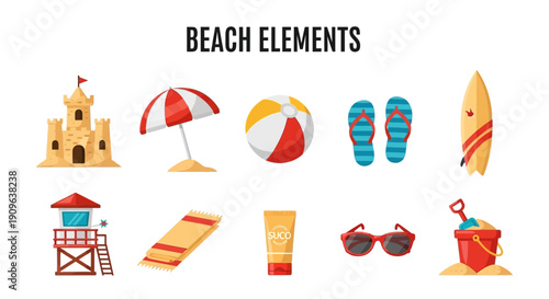 Collection of ten colorful vector icons representing beach elements against a white background