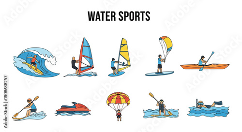 Illustration of ten different water sports activities in two rows