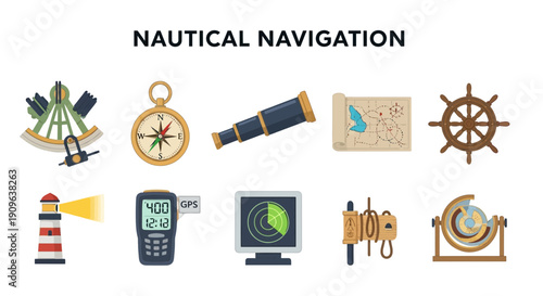 Collection of ten nautical navigation tools and symbols on a white background