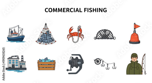 Ten icons illustrating commercial fishing equipment vessels and processing