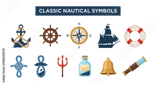 Collection of ten classic nautical symbols arranged in two rows