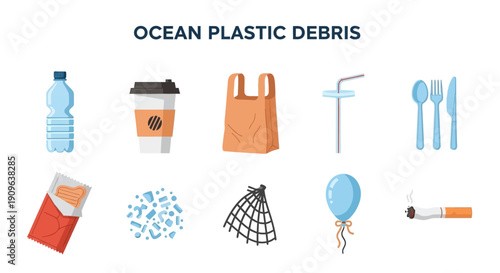 Illustration showing common items contributing to ocean plastic debris