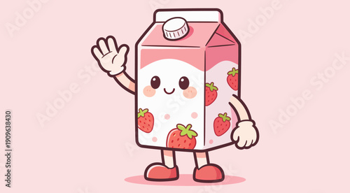 Cute strawberry milk carton character waving on a pink background