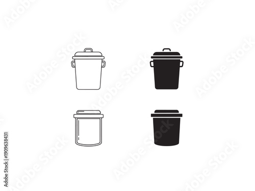 Isolated black vector trash can icon featuring a plastic garbage bin and recycling waste container object with a lid on a white background