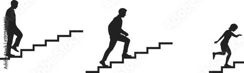 People walking upstairs silhouette set climbing steps black vector illustration isolated