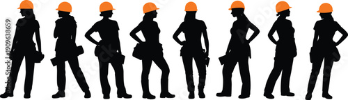 Women construction workers silhouette set wearing helmets industrial labor black vector illustration isolated
