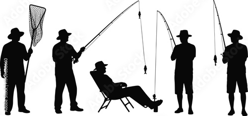 Fishing man silhouette collection isolated on white background, angler with rod and net in various poses for outdoor hobby concept