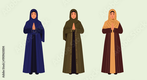 Flat vector illustration depicts a portrait of an Arab Muslim woman wearing traditional Islamic clothing or abaya and hijab while conveying Eid al-Fitr greetings.