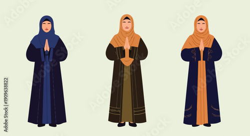 Flat vector illustration depicts a portrait of an Arab Muslim woman wearing traditional Islamic clothing or abaya and hijab while conveying Eid al-Fitr greetings.