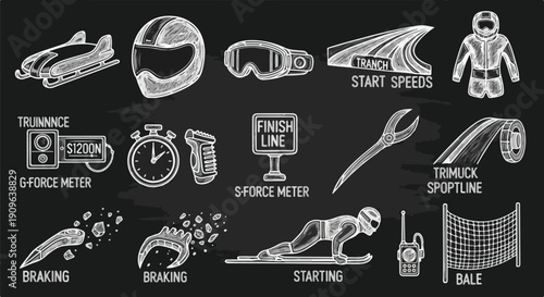 Detailed chalk drawing set of bobsledding and luge equipment, track elements, and athlete actions for winter sports on a dark blackboard background.