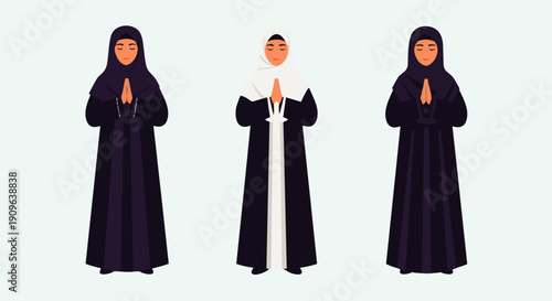 Flat vector illustration depicts a portrait of an Arab Muslim woman wearing traditional Islamic clothing or abaya and hijab while conveying Eid al-Fitr greetings.