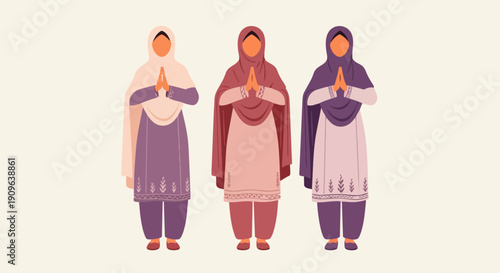 Flat vector illustration depicts a portrait of a South Asian (Indian and Pakistani) Muslim woman wearing traditional Islamic attire while conveying Eid al-Fitr greetings.