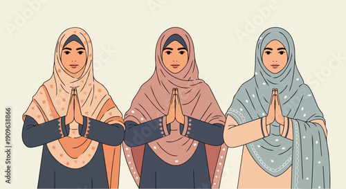 Flat vector illustration depicts a portrait of a south asian (indian or pakistani) muslim woman wearing traditional islamic dress or abaya and hijab while conveying Eid al-Fitr greetings.