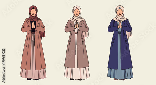 Flat vector illustration depicts a portrait of a Turkish Muslim woman wearing traditional Islamic clothing and hijab while conveying Eid al-Fitr greetings.