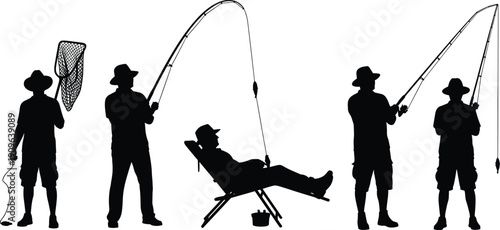 Fisherman silhouette set isolated on white background, angler with fishing rod and net in different poses for outdoor leisure concept
