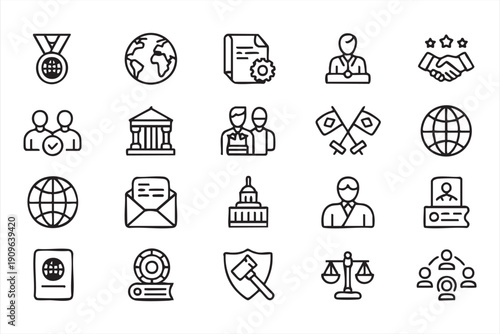 Diplomacy and international relations outline icon collection