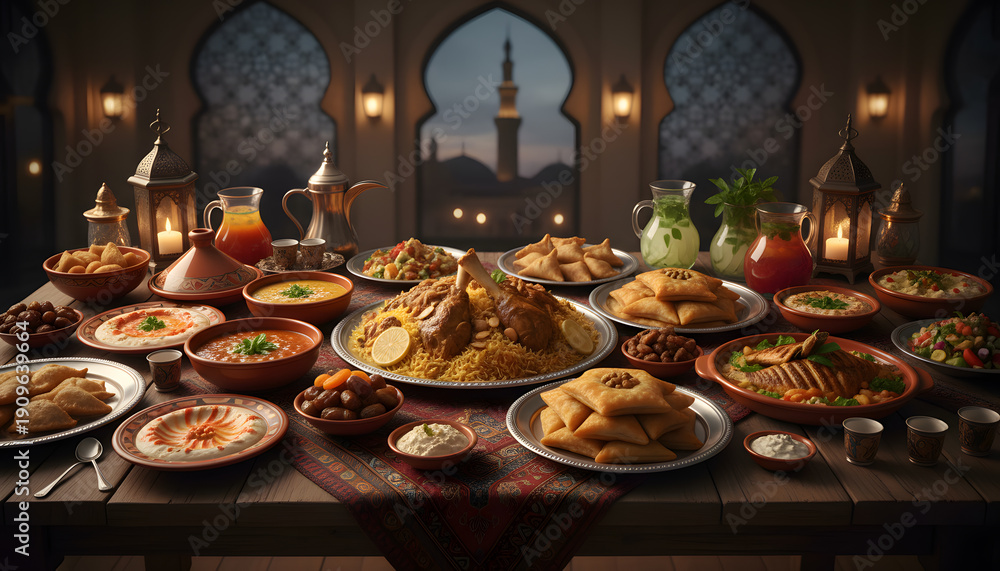 Fototapeta premium ramadan iftar, different food 
