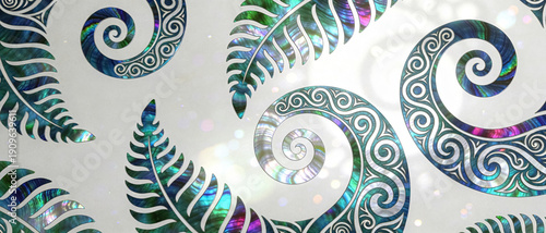 Paua shell koru swirls and fern pattern on pearlescent white background. Iridescent New Zealand Maori culture motif.
