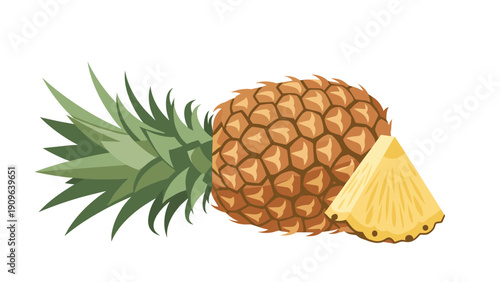 Realistic illustration of a whole brown pineapple with green leaves and a separate yellow triangular slice on white.