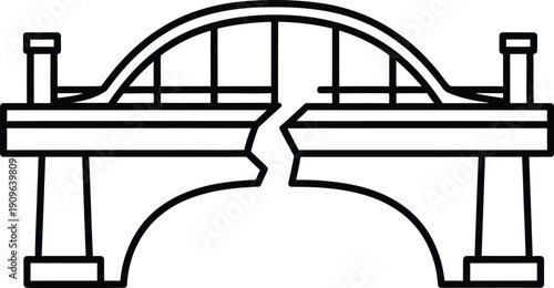 A broken bridge with a cracked arch and separated sections
