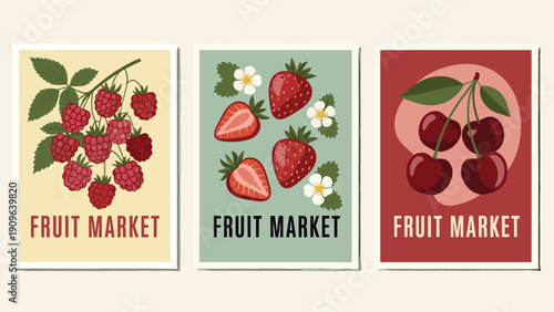 Set of three vintage style fruit market posters featuring detailed illustrations of raspberries, strawberries, and cherries.