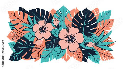 Vibrant tropical composition featuring peach hibiscus flowers nestled among a dense arrangement of colorful exotic leaves.