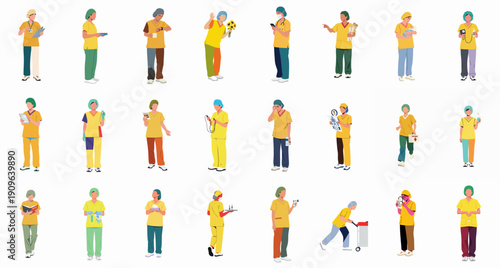 Large Vector Set of Healthcare Professionals: Diverse Nurses and Doctors in Scrubs Performing Medical Tasks, Consultations, and Hospital Work on White Background.