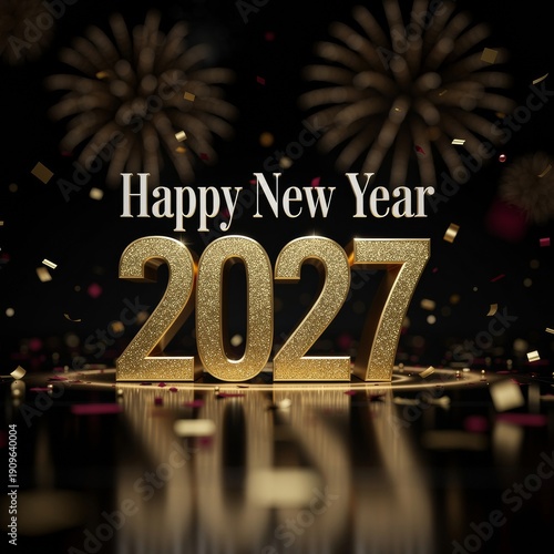 Happy new year 2027 celebration with gold numbers and fireworks