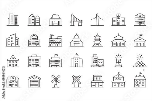 Urban architecture and city landmark outline icon collection