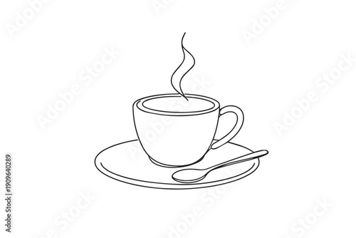 Hot coffee cup with saucer and spoon line art vector design