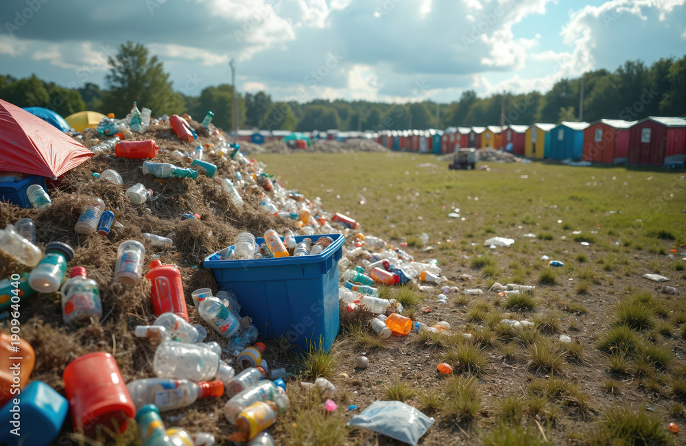 Fototapeta premium Large pile of assorted garbage, plastic bottles scattered across grassy field. Tents, colorful structures in background indicate abandoned music festival site after event. Scattered waste litters