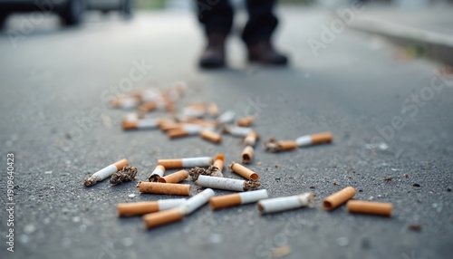 Person walks away on pavement leaving trail of cigarette butts. Smoker litters ground with tobacco waste. Unhealthy habit pollutes urban street, creating fire hazard. Careless act shows disregard for