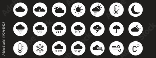 Minimalist weather forecast line icon set with sun clouds rain snow storm and temperature symbols for meteorology mobile application