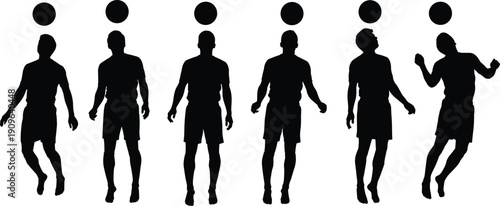 Silhouette sequence of soccer player jumping and heading football isolated on white background, dynamic sports action concept for fitness and competition
