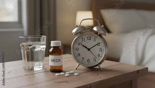 Alarm clock with glass of water and medicament bottle on wood table