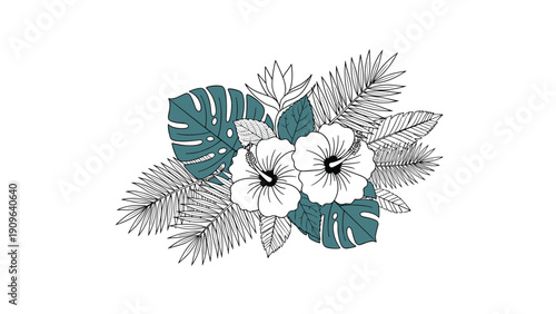 Stylish tropical floral arrangement featuring white hibiscus flowers with black line art leaves and teal monstera accents.
