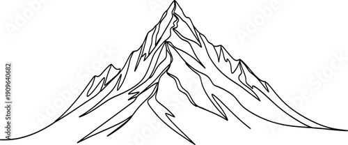 A black and white drawing of a mountain range