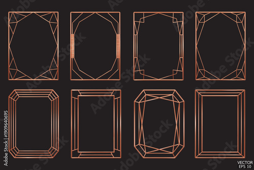 Premium copper geometric frames are isolated on black background. Luxury Bronze borders for invitations, luxury templates, and decorative patterns. 3D vector illustration.