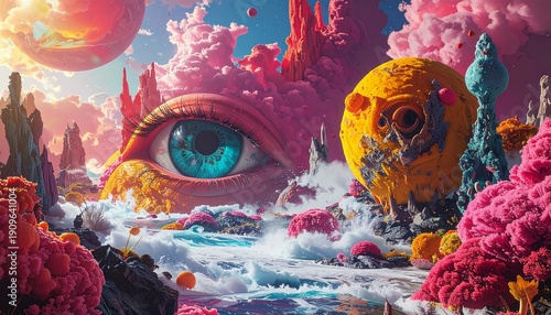 Vibrant, surreal landscape with an eye all the feels emotions on a fantastical world