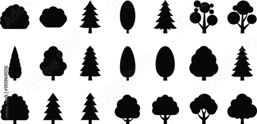 Tree and bush silhouette icon set isolated on white background, forest and garden plant collection for landscape and nature design