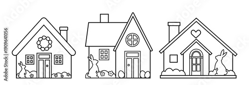 Cute Easter House Outline Vector Collection.
Easter Bunny and House Coloring Page Set.
Simple Spring Easter Cottage Line Art for Kids.