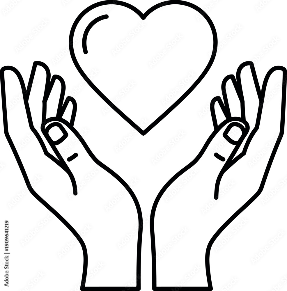 Fototapeta premium Two open hands holding a heart icon gently above them, symbolizing care, support, and love.