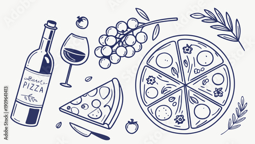 a cute, hand-drawn style illustration (line art) featuring Italian-inspired food and wine elements