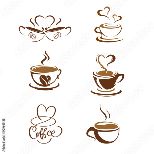 Coffee icons with cups, mugs, and coffee beans for café menus, branding, packaging, and designs.